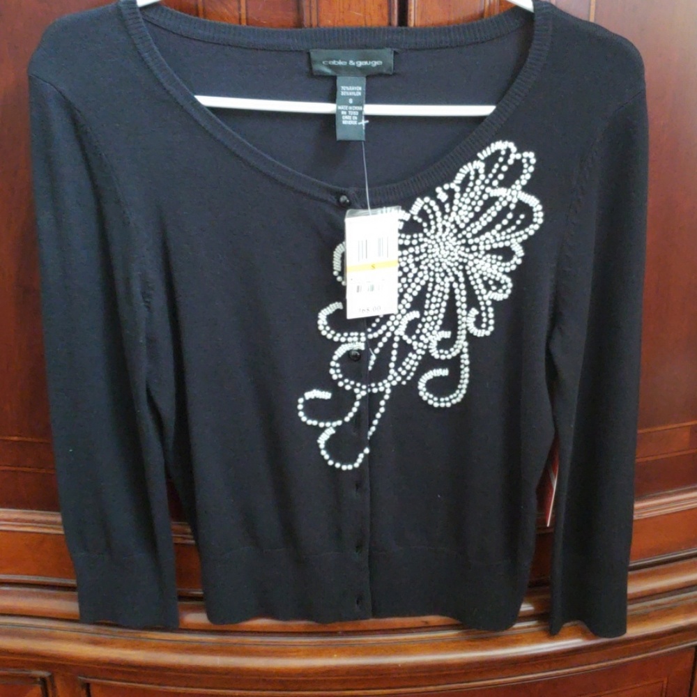 Black cardigan sweater with white pearl beading